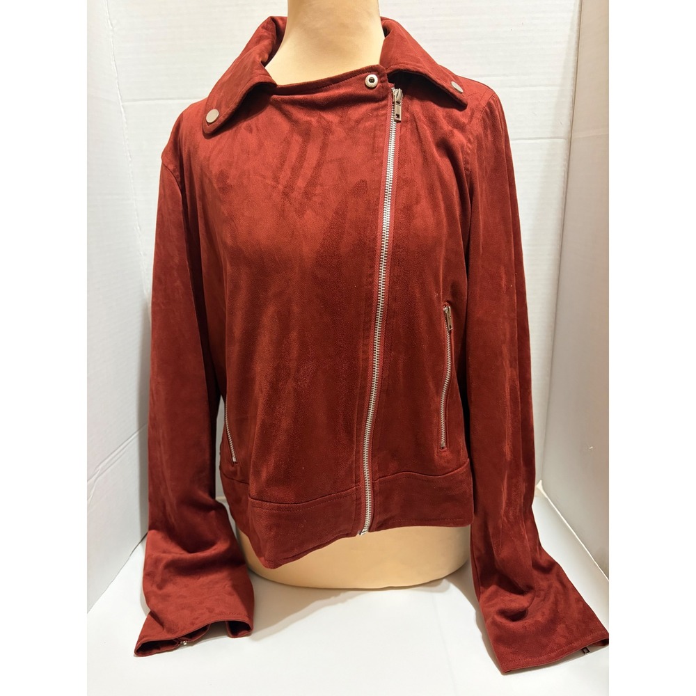 Skies Are Blue Womens Faux Suede Moto Jacket Rust Red Asymmetrical Zip Large
